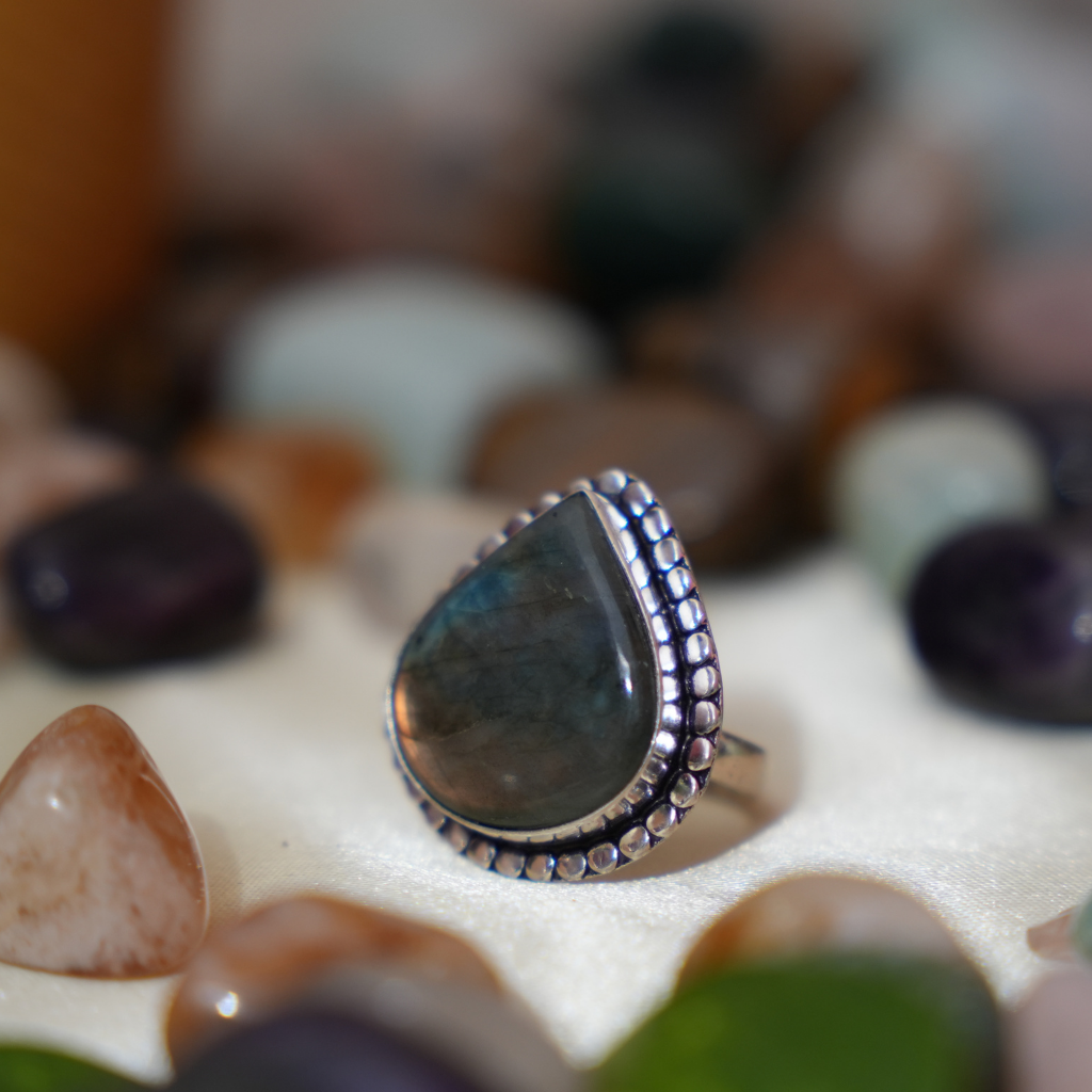 Adjustable Labradorite Ring Drop Shape Dotted Border - Lab Certified