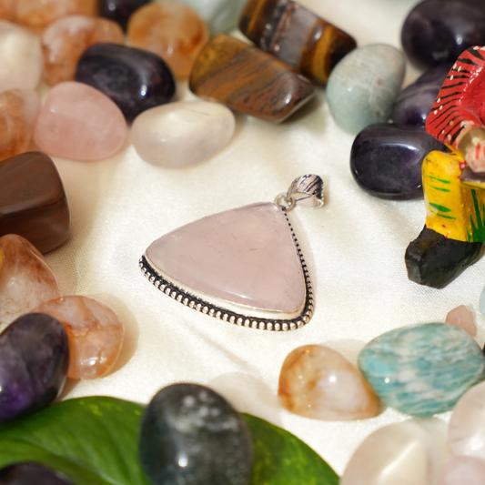 Rose Quartz Pendant - Big Triangle Shape - German Silver - Dotted Border