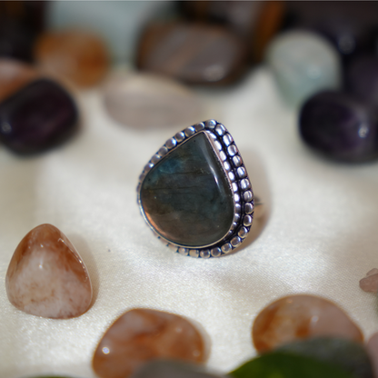 Adjustable Labradorite Ring Drop Shape Dotted Border - Lab Certified