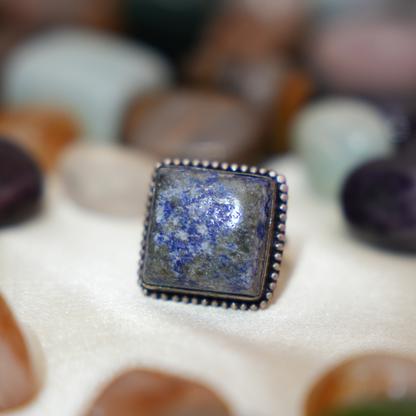 Lapiz Lazuli Ring- Square Shape- Dotted Border