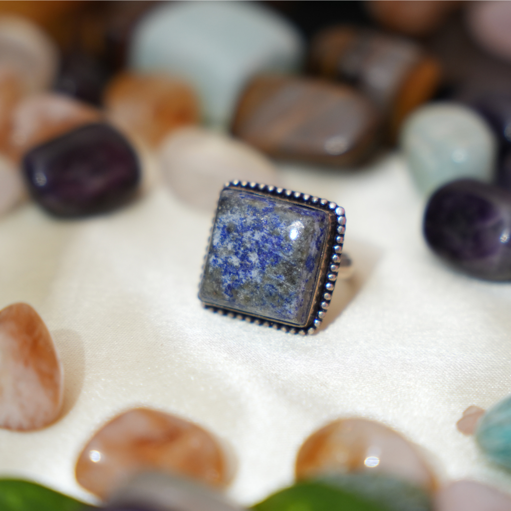 Lapiz Lazuli Ring- Square Shape- Dotted Border