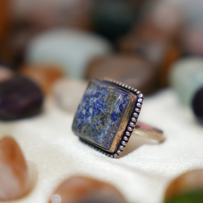 Lapiz Lazuli Ring- Square Shape- Dotted Border