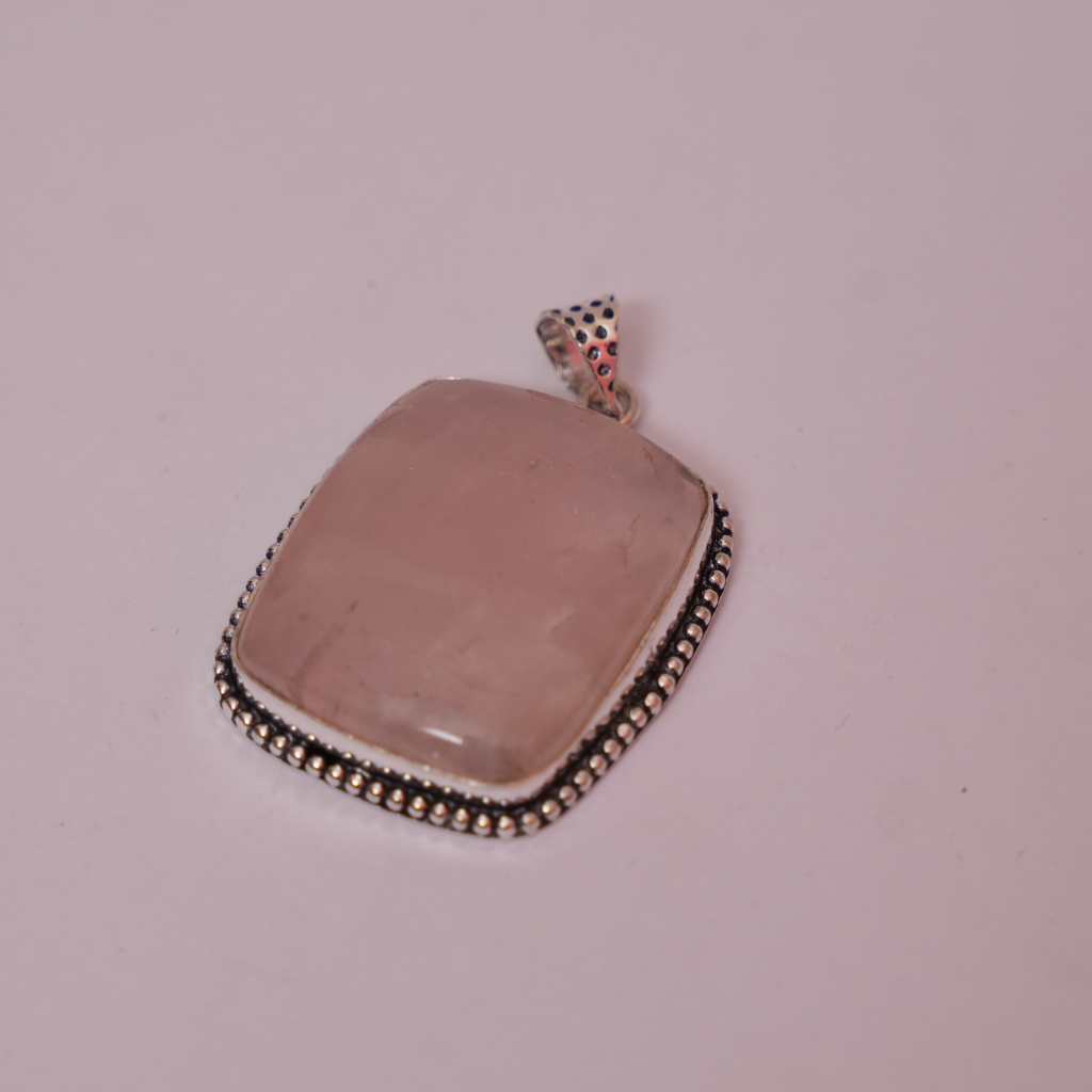 Rose Quartz Pendant - Square Shape - German Silver - Dotted Border