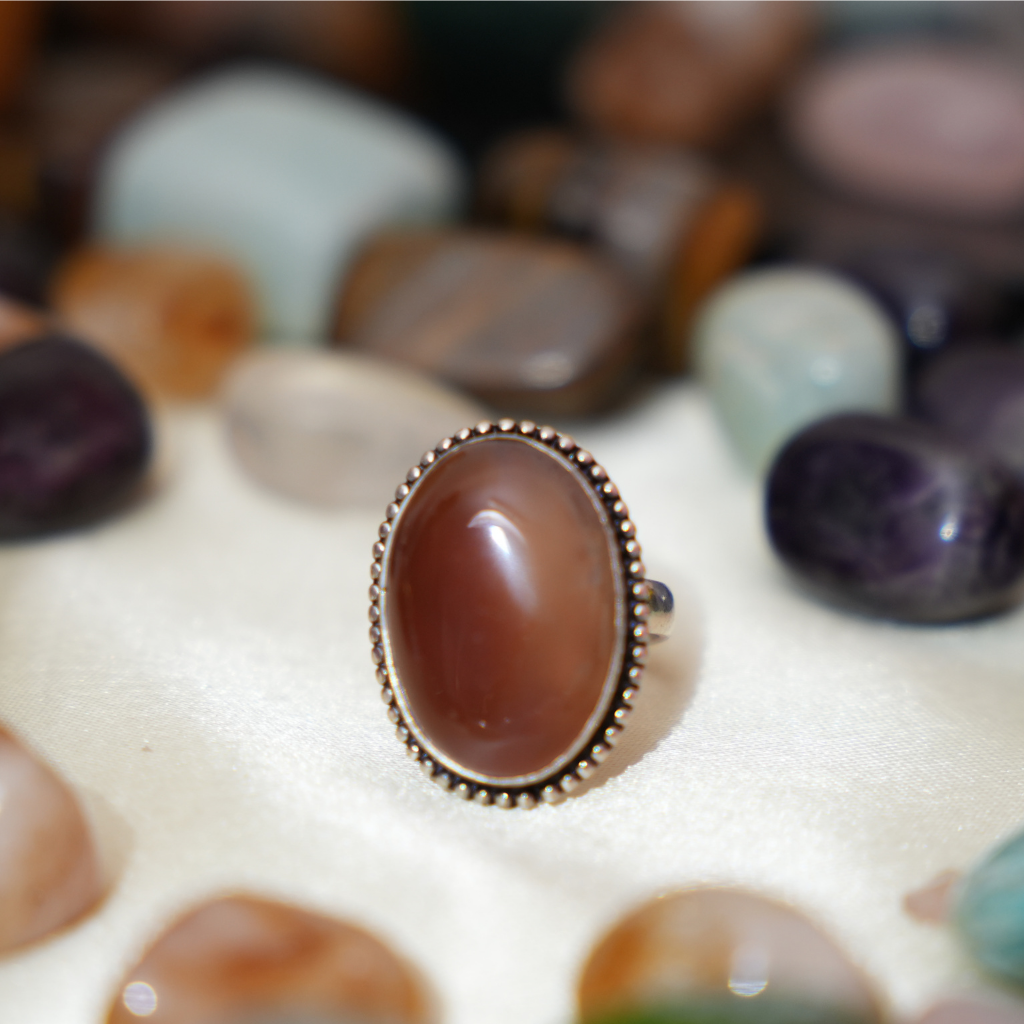 Red Carnelian German Silver Ring- Oval Shape- Dotted Border