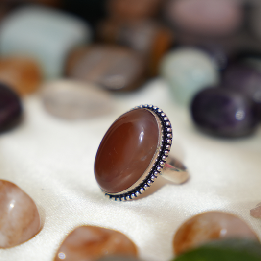 Red Carnelian German Silver Ring- Oval Shape- Dotted Border