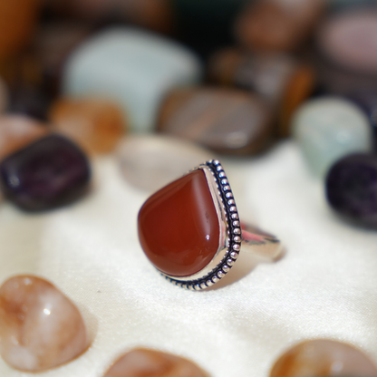 Red Carnelian German Silver Ring- Drop Shape-Dotted Border