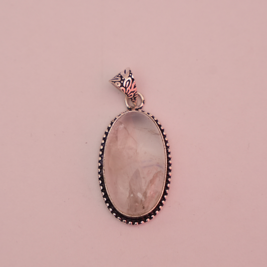 Rose Quartz Pendant - Oval Shape - German Silver - Dotted Border