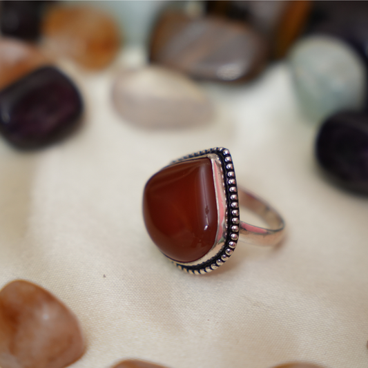 Red Carnelian German Silver Ring- Drop Shape-Dotted Border