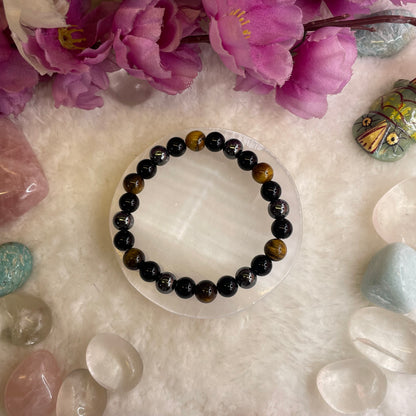 Triple Protection Bracelet - Tiger Eye, Hematite, Obsidian - 8mm