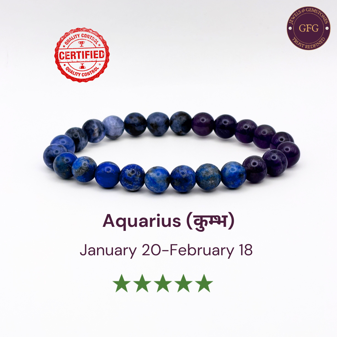 Aquarius Zodiac Birthstone Crystal Bracelet- 8 mm- Kumbh Rashi Crystal Bracelet