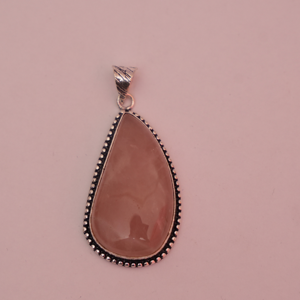 Rose Quartz Pendant - Pear Shape - German Silver - Dotted Border