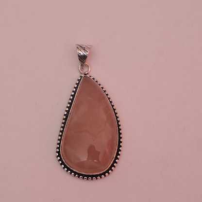 Rose Quartz Pendant - Pear Shape - German Silver - Dotted Border