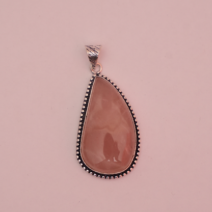 Rose Quartz Pendant - Pear Shape - German Silver - Dotted Border