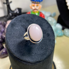 Adjustable Rose Quartz Ring Oval Plain Border Ring- German Silver - Lab Tested