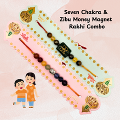 Seven Chakra & ZIbu Money Magnet Rectangle Rakhi | Roli Chawal & Sweet | 2 Rakhis