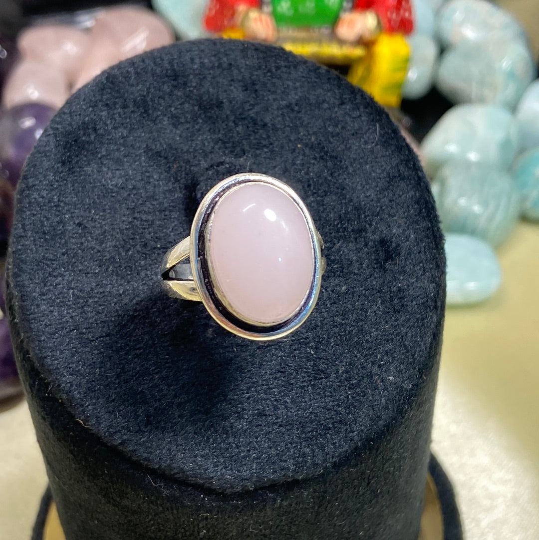 Adjustable Rose Quartz Ring Oval Plain Border - German Silver - Lab Tested