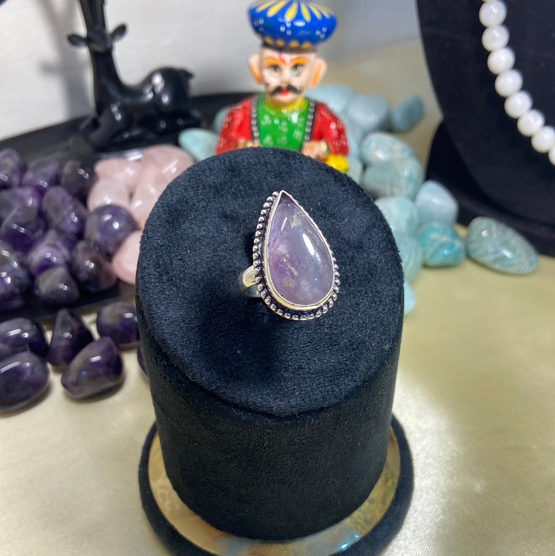 Adjustable Amethyst Ring Drop Shape Dotted Border - Lab Certified