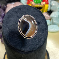 Adjustable Sulemani Aqeeq (Hakik) Ring Oval Shape Dotted Border - German Silver - Lab Tested