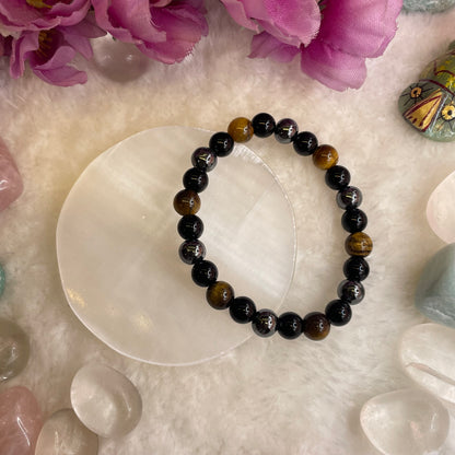 Triple Protection Bracelet - Tiger Eye, Hematite, Obsidian - 8mm