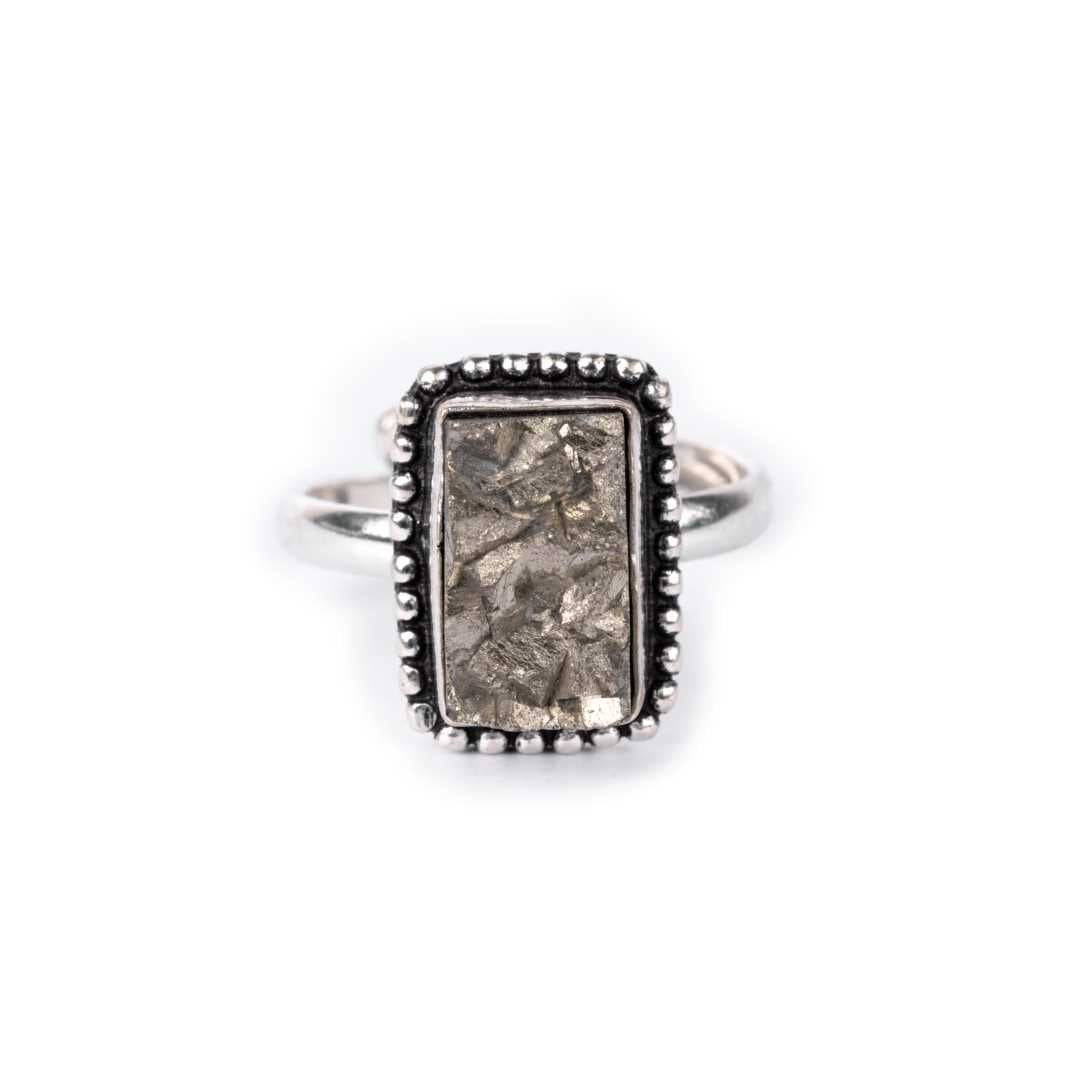 Pyrite Ring Natural Rectangle Dotted Adjustable