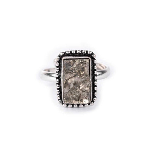 Pyrite Ring Natural Rectangle Dotted Adjustable