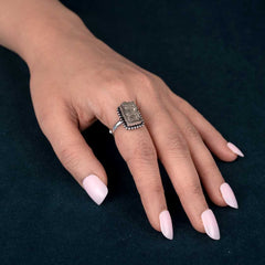 Pyrite Ring Natural Rectangle Dotted Adjustable