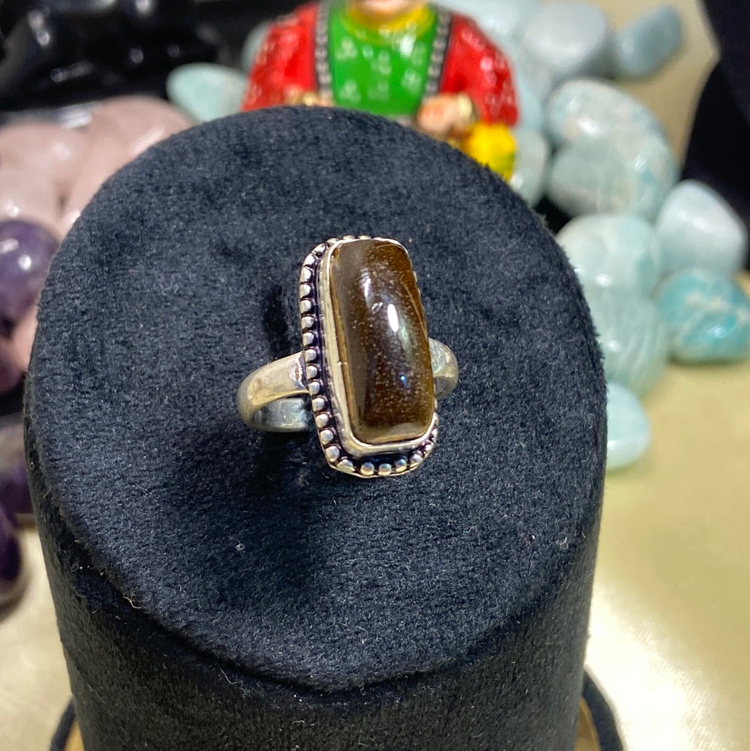 Adjustable Tiger Eye Ring Rectangle Small Dotted Border - German Silver - Lab Tested