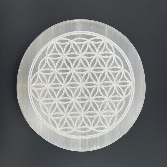 Flower of Life Charging Selenite Plate Round- 4 inch