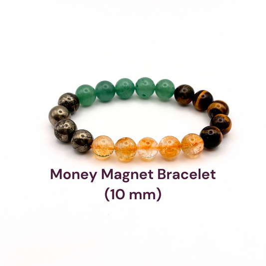 Money Magnet Bracelet with genuine pyrite, citrine, tiger eye and green aventurine – 10 mm beads