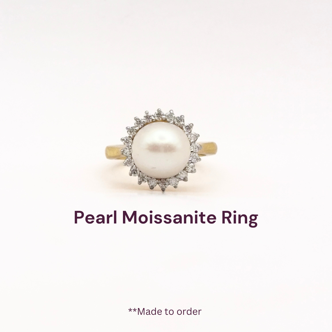 Gold Polish Pearl Moissanite Ring - Moti Ring - 925 Silver