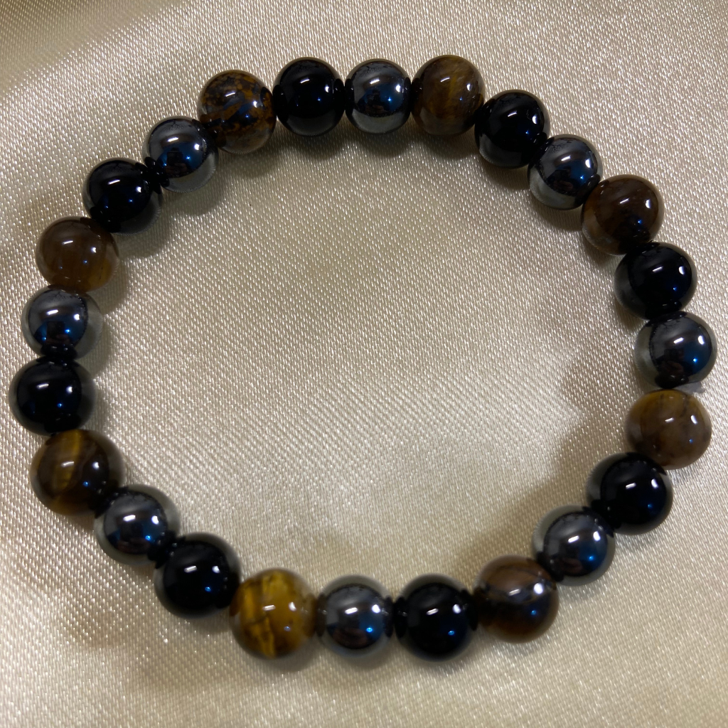 Triple Protection Bracelet - Tiger Eye, Hematite, Obsidian - 8mm