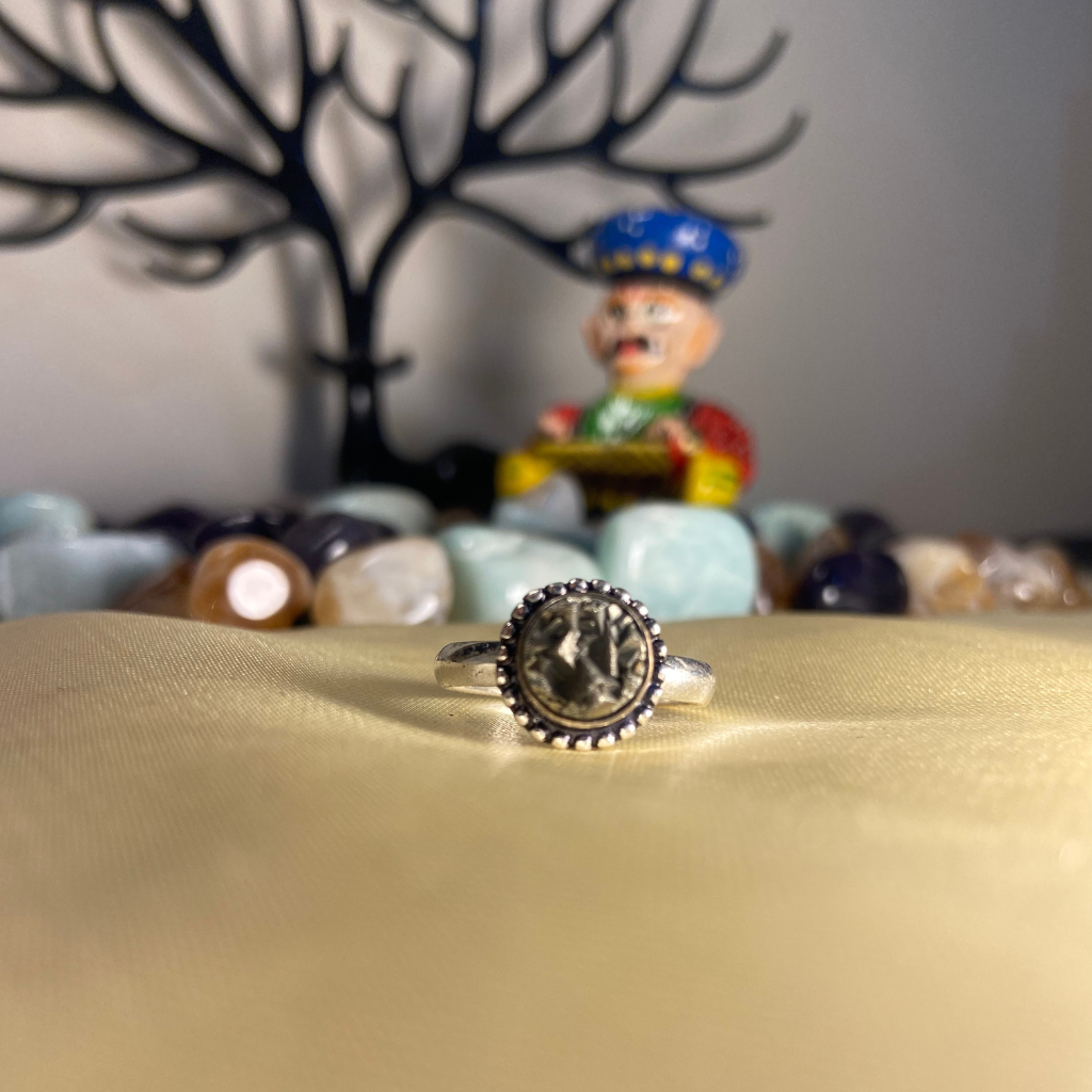 Adjustable Raw Pyrite Ring - Money & Positivity - Small Circle - Dotted Border - Lab Tested