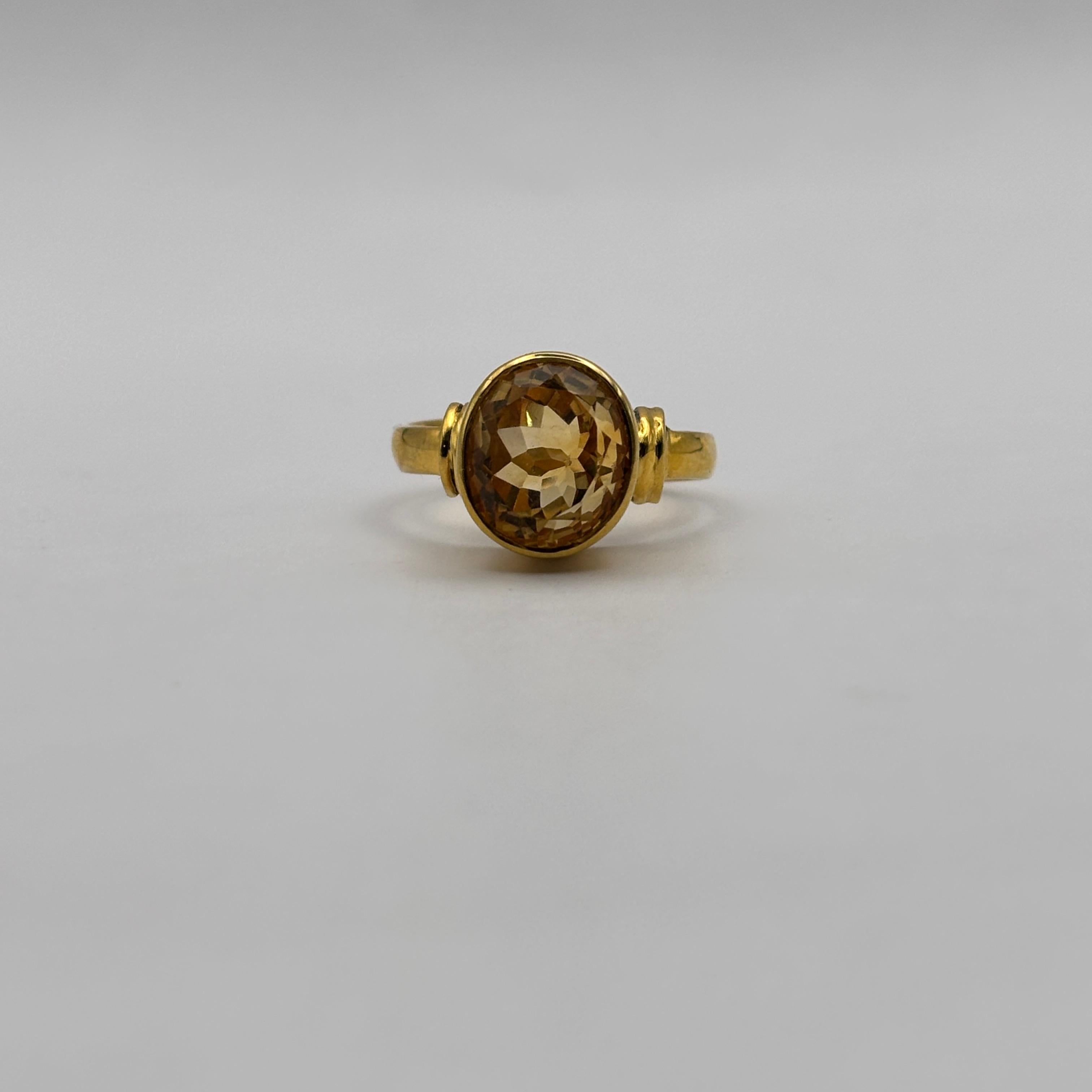 Gold ring with a citrine gemstone on a light gray background