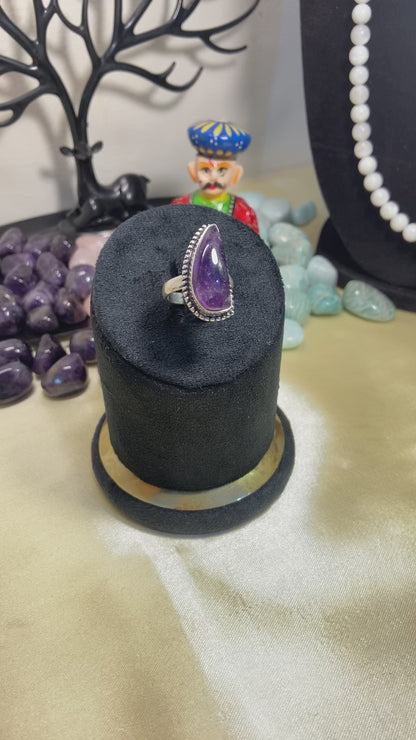 Adjustable Amethyst Ring Random Shape Dotted Border - Lab Certified