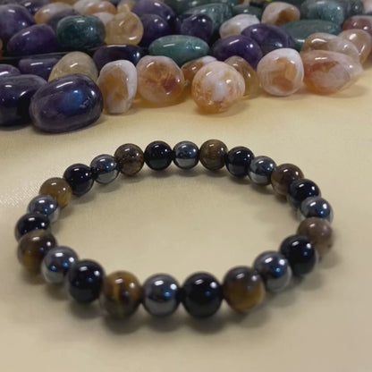 Triple Protection Bracelet - Tiger Eye, Hematite, Obsidian - 8mm