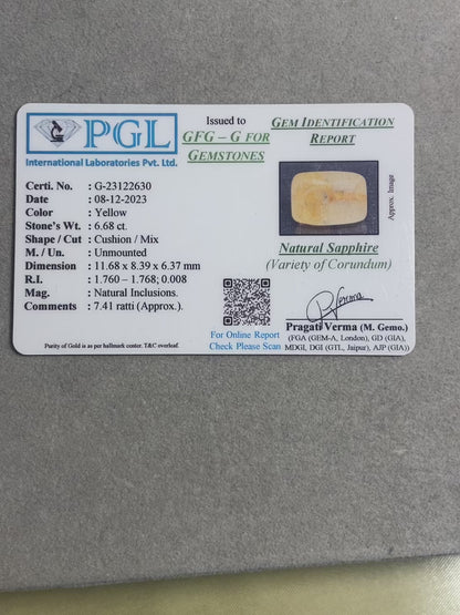 6.68 Carat Natural Ceylon Yellow Sapphire Pukhraj - Lab Certified